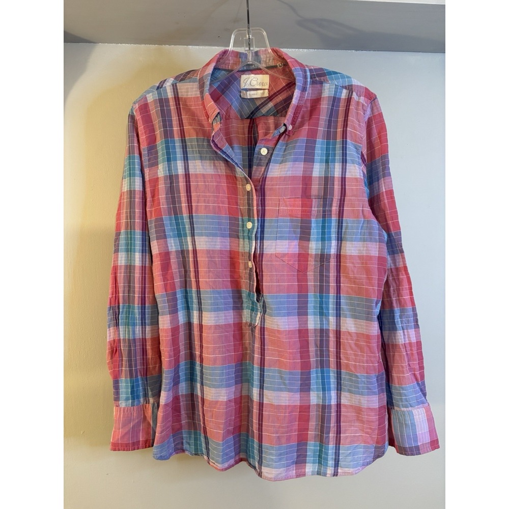J CREW Pink Blue Plaid Lightweight Cotton Popover Blouse Top 10 Preppy Classic